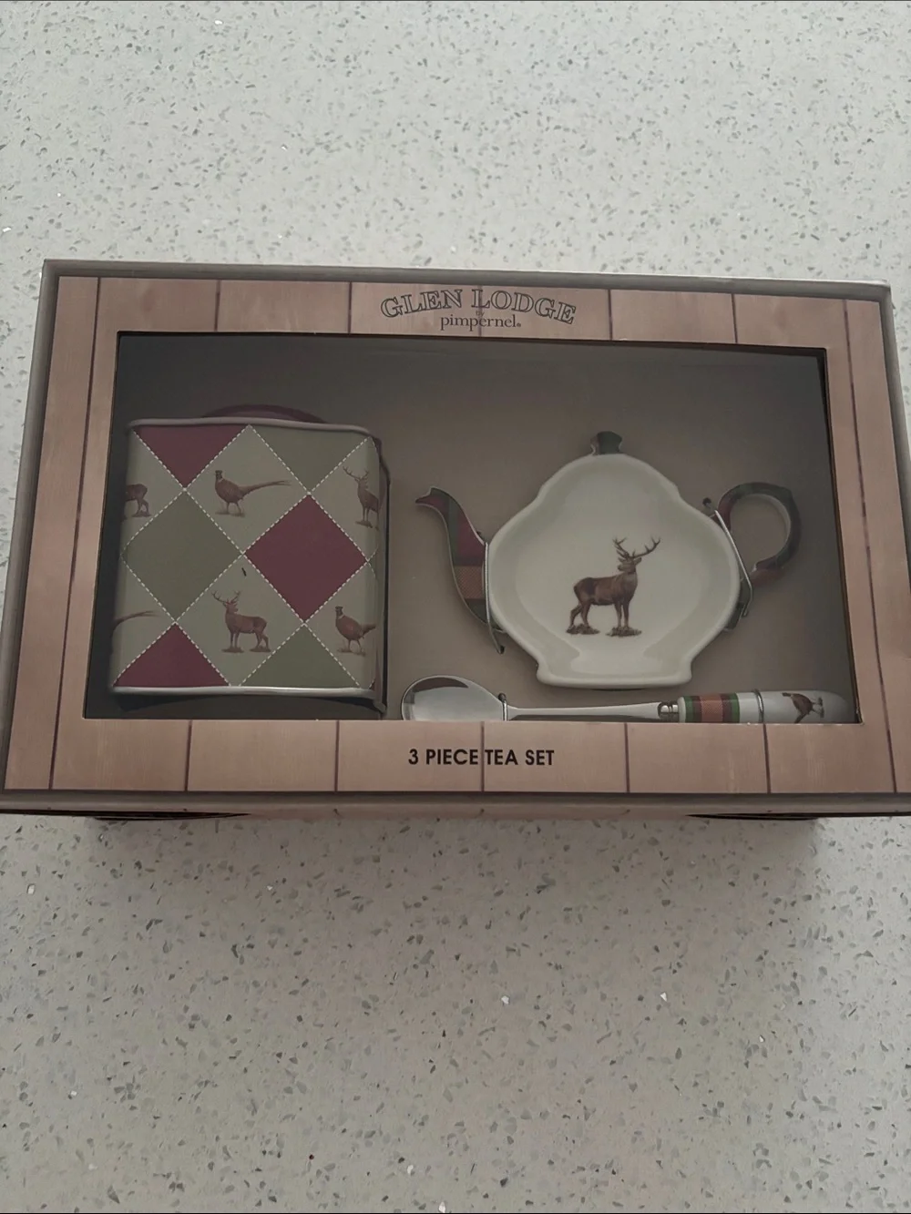 Spode Glen Lodge Pimpernel 3-Piece Deer Tea Set in Green and Burgundy NIB